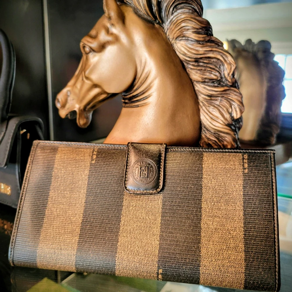 FENDI Pequin Long Wallet  Pattern Stripped Leather Vintage PRISTINE - Picture 4 of 15